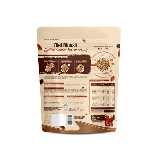 Diet Muesli packaging with nutritional information on a white background