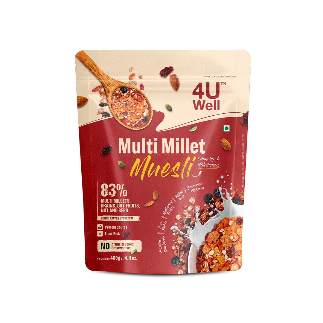 Package of 4U Well Multi Millet Muesli on a white background