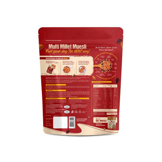 Red package of Multi Millet Muesli with nutritional information on a white background