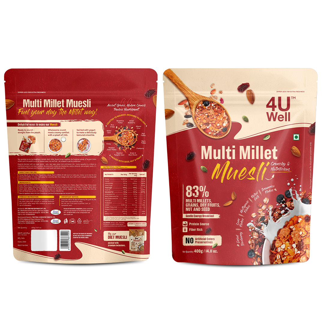 Two packages of Multi Millet Muesli with nutritional information on a white background