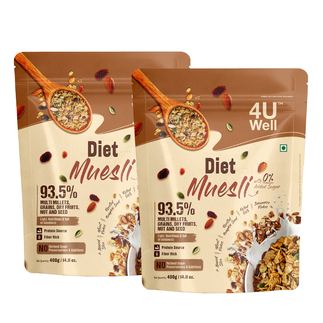 Two packages of Diet Muesli with a wooden spoon on a white background