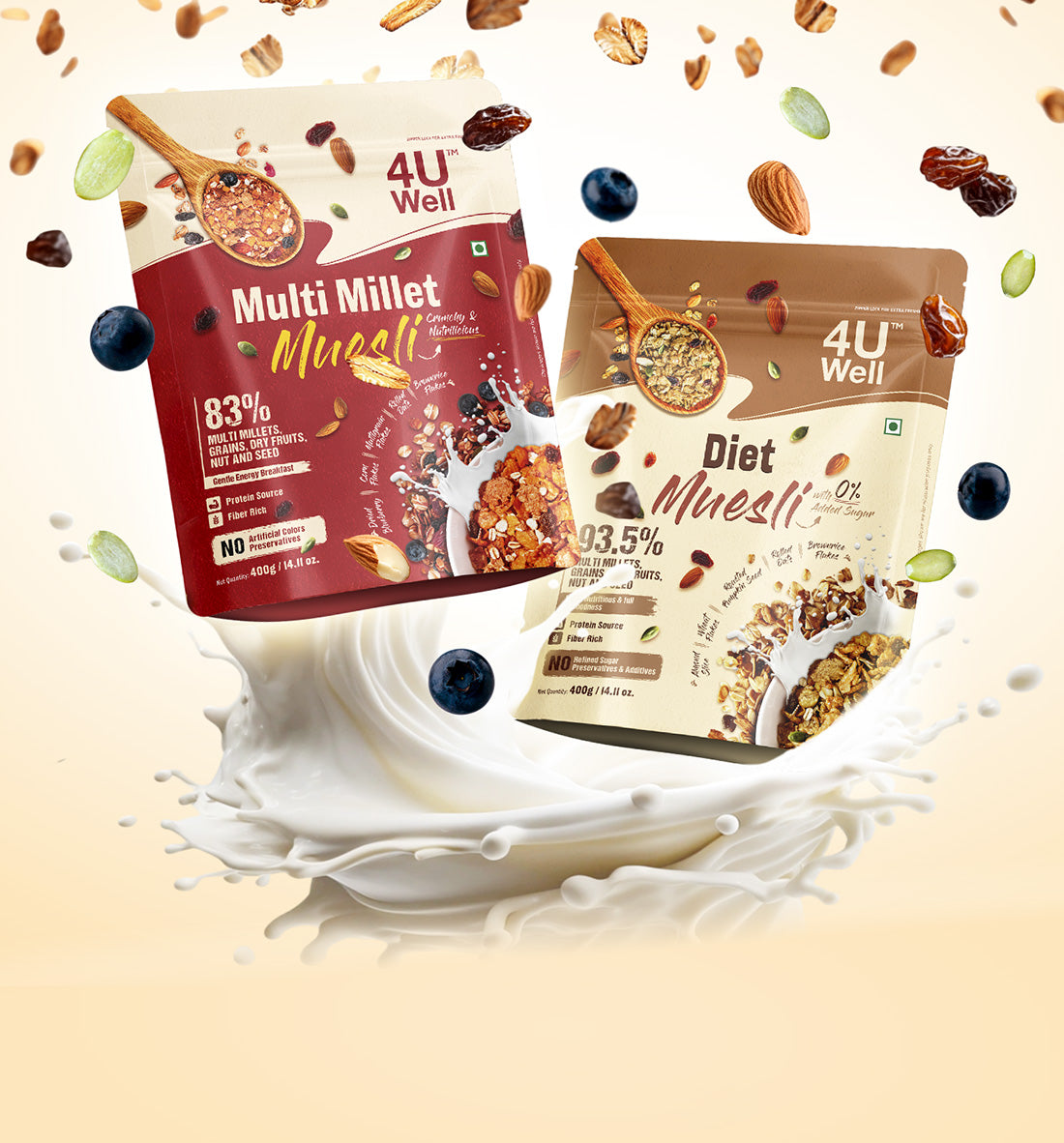 Two packages of 4U Well Multi Millet Muesli and Diet Muesli with a splash of milk and scattered millet grains on a beige background.