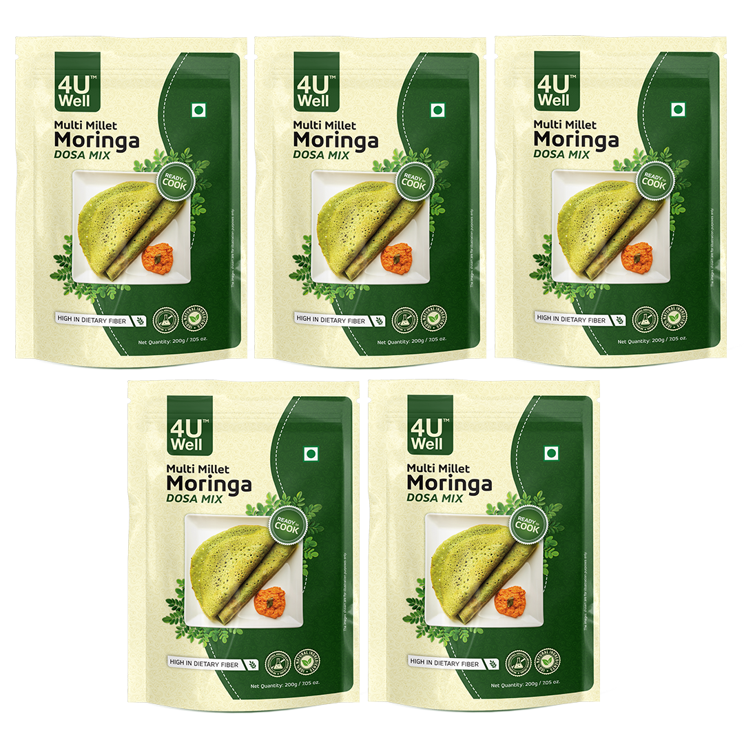 Five packages of 4U Well Multi Millet Moringa Dosa Mix on a white background
