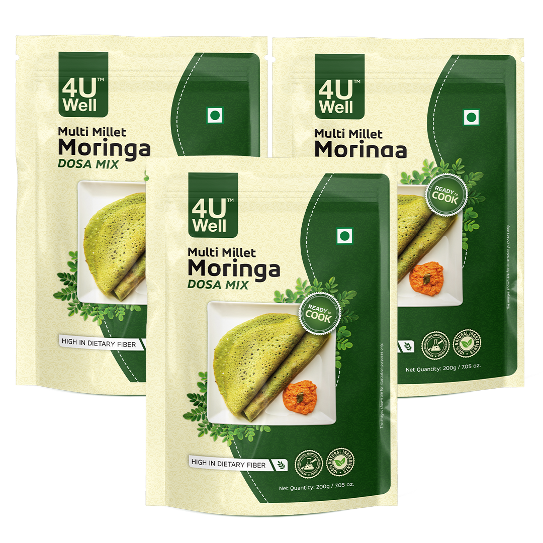 Three packages of 4U Well Multi Millet Moringa Dosa Mix on a white background