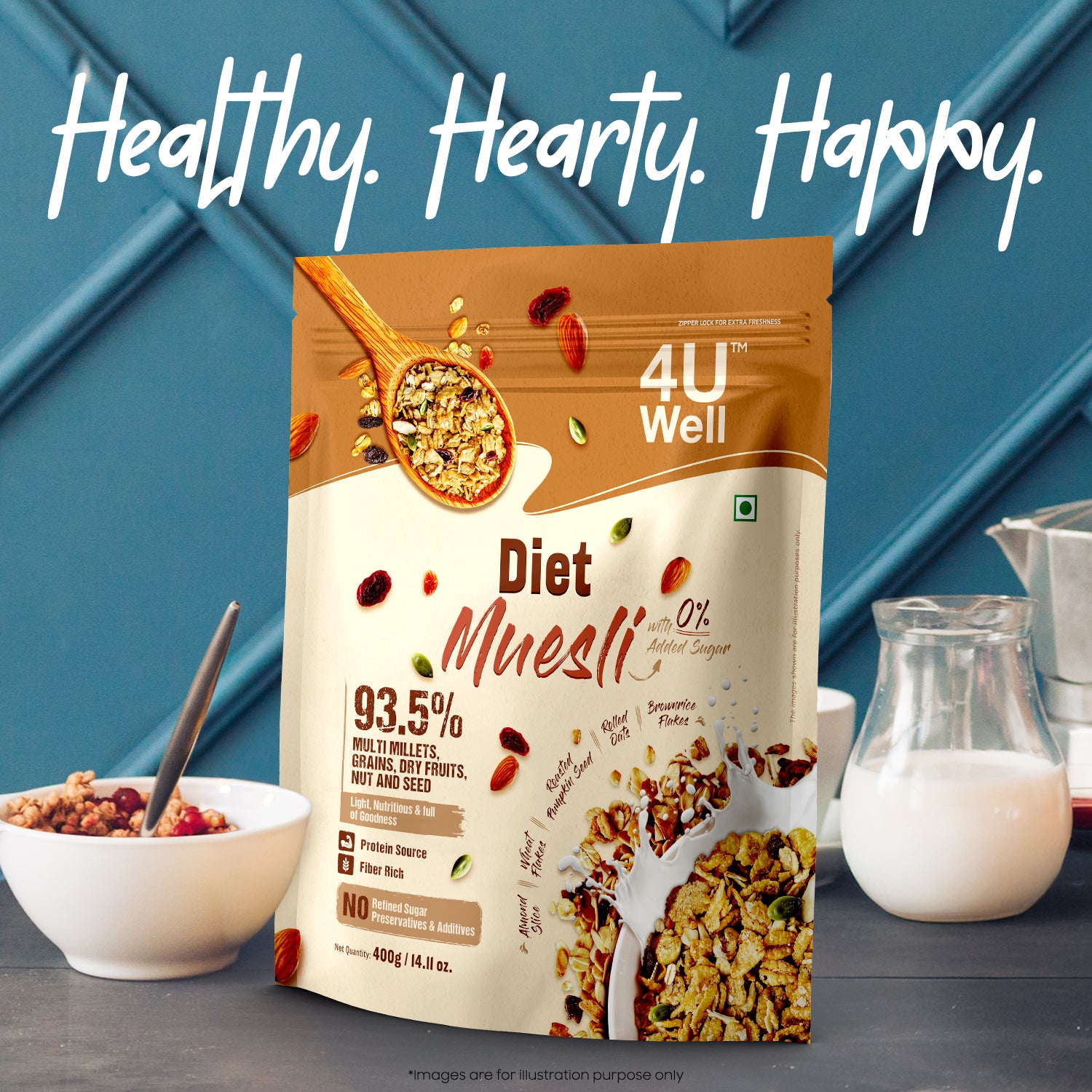 Diet Muesli package with a bowl of muesli, milk, and spoon on a blue background.