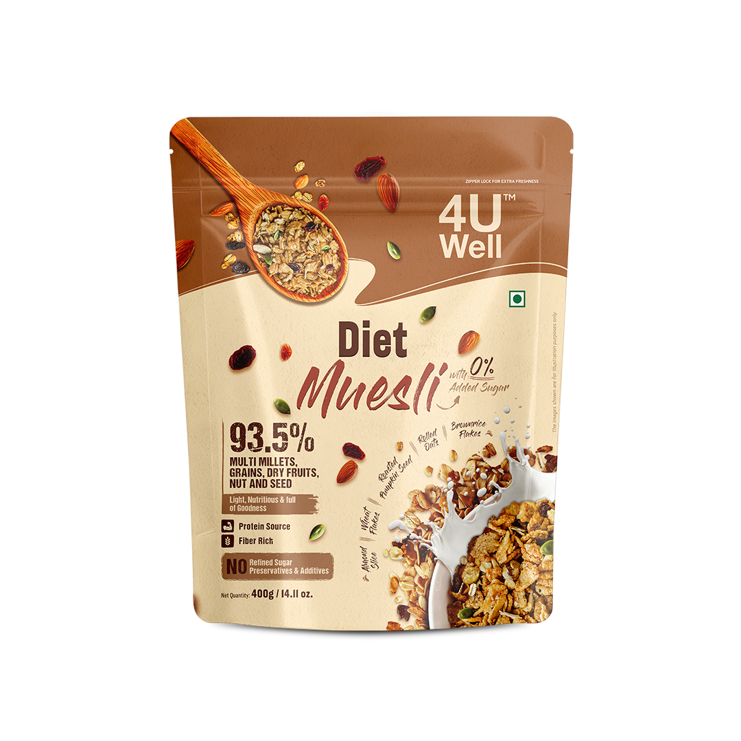 Package of 4U Well Diet Muesli on a white background