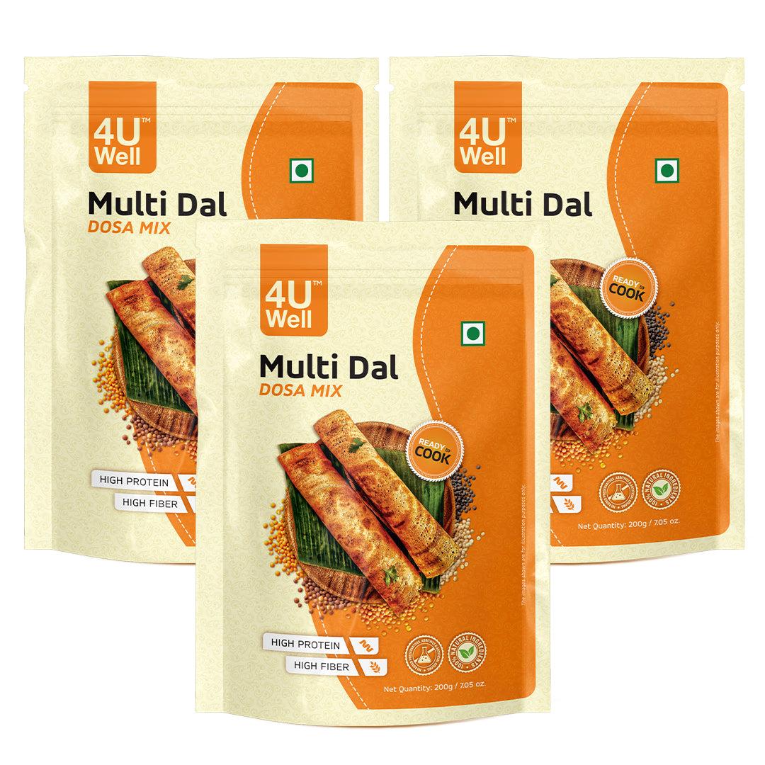 Three packages of 4U Well Multi Dal Dosa Mix on a white background