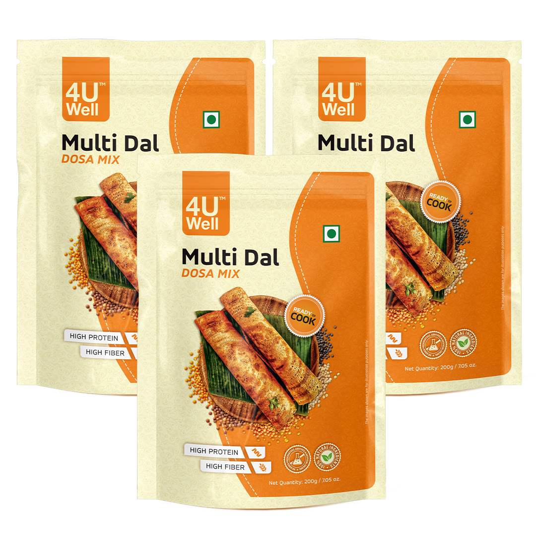 Three packages of 4U Well Multi Dal Dosa Mix on a white background