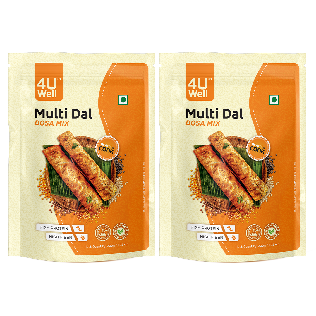 Two packages of 4U Well Multi Dal Dosa Mix on a white background