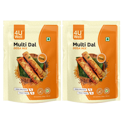 Two packages of 4U Well Multi Dal Dosa Mix on a white background