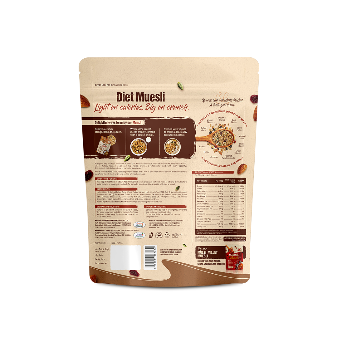 Diet Muesli packaging with nutritional information on a white background