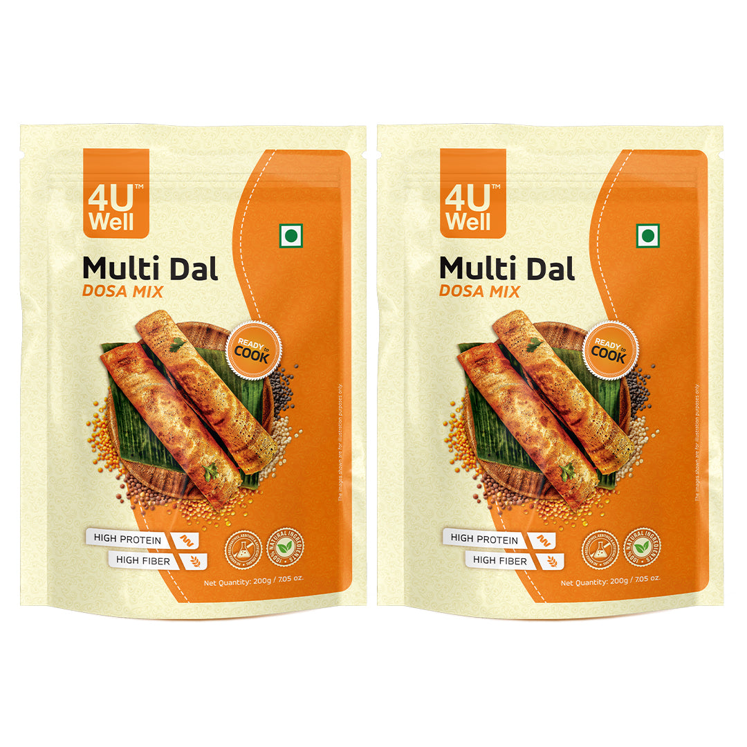 Two packages of 4U Well Multi Dal Dosa Mix on a white background