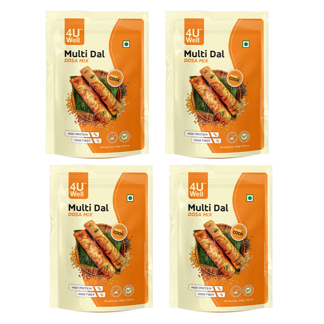 Four packages of 4U Well Multi Dal Dosa Mix on a white background