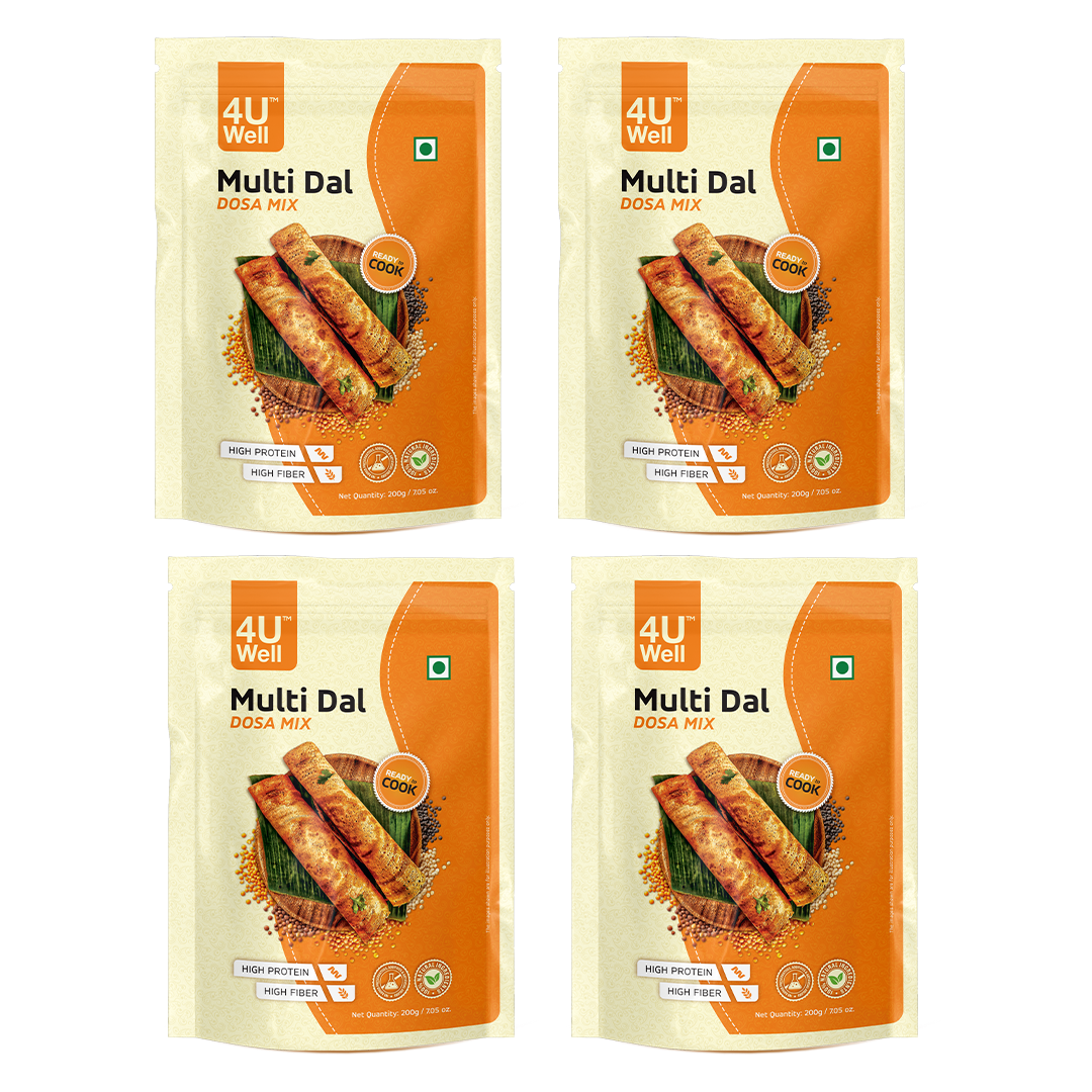 Four packages of 4U Well Multi Dal Dosa Mix on a white background