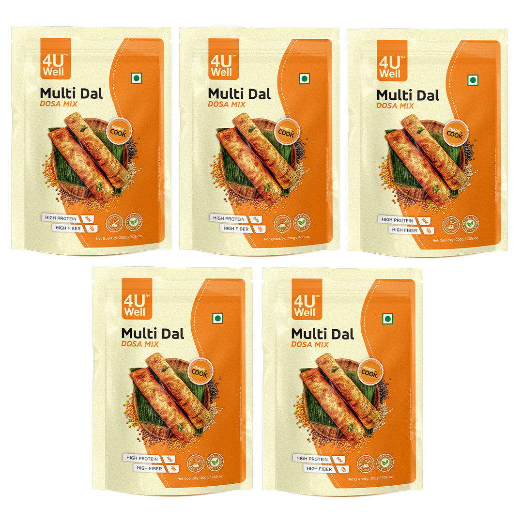 Five packages of 4U Well Multi Dal Dosa Mix on a white background