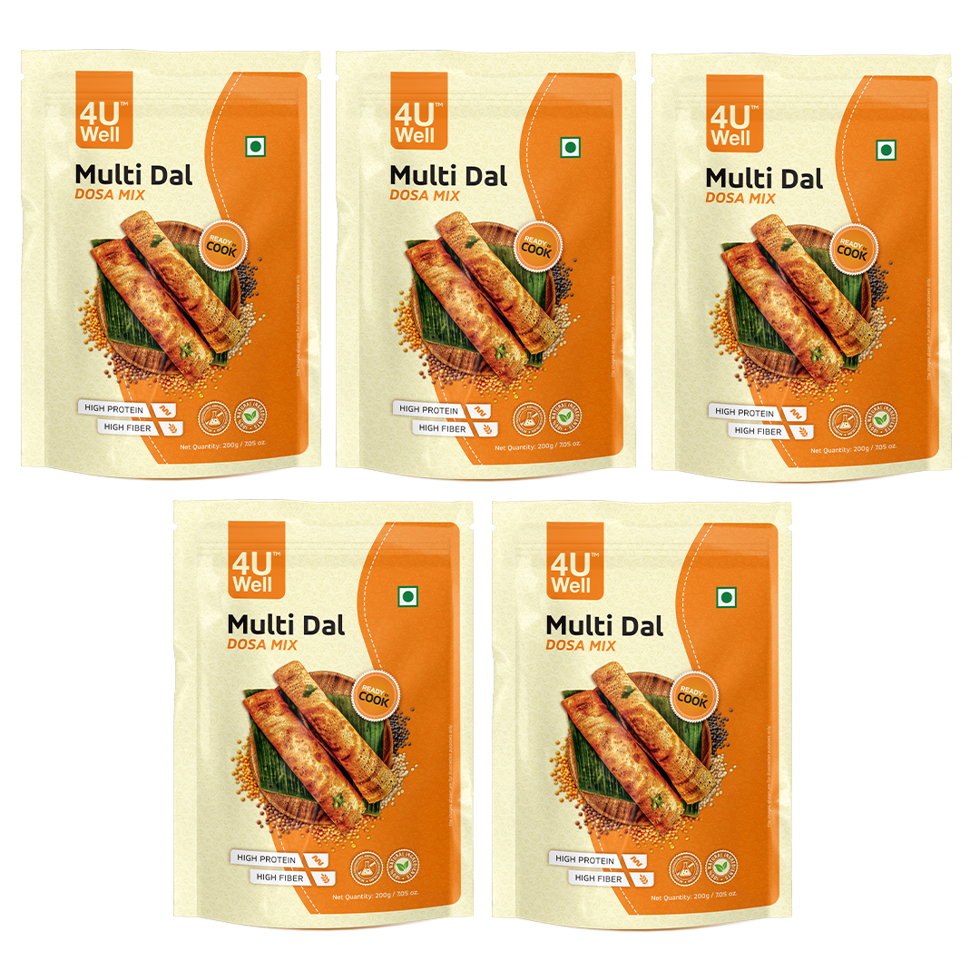 Five packages of 4U Well Multi Dal Dosa Mix on a white background