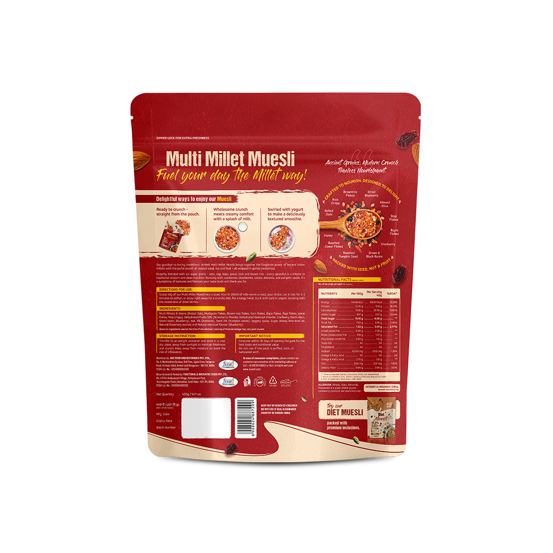 Red package of Multi Millet Muesli with nutritional information on a white background