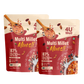 Two packages of Multi Millet Muesli with a spoon and muesli ingredients on a white background.