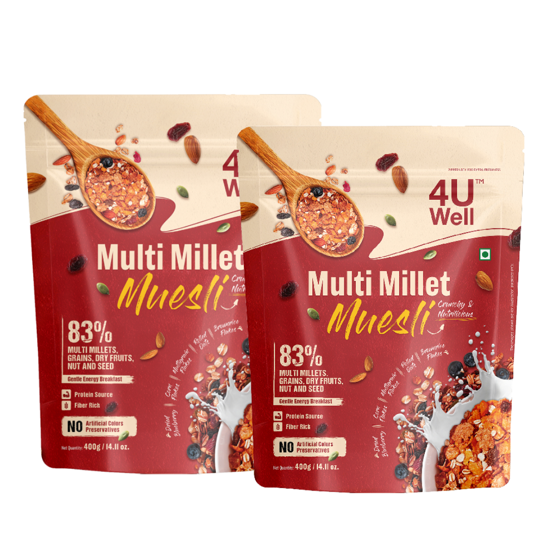 Two packages of Multi Millet Muesli with a spoon and muesli ingredients on a white background.
