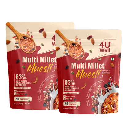 Two packages of Multi Millet Muesli with a spoon and muesli ingredients on a white background.