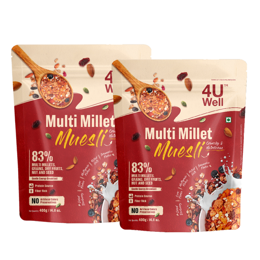 Two packages of Multi Millet Muesli with a spoon and muesli ingredients on a white background.