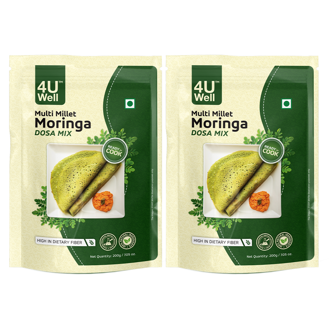 Two packages of 4U Well Multi Millet Moringa DOSA MIX on a white background
