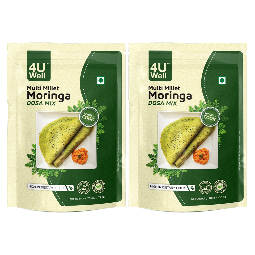 Two packages of 4U Well Multi Millet Moringa DOSA MIX on a white background