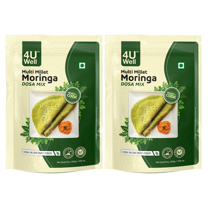 Two packages of 4U Well Multi Millet Moringa DOSA MIX on a white background