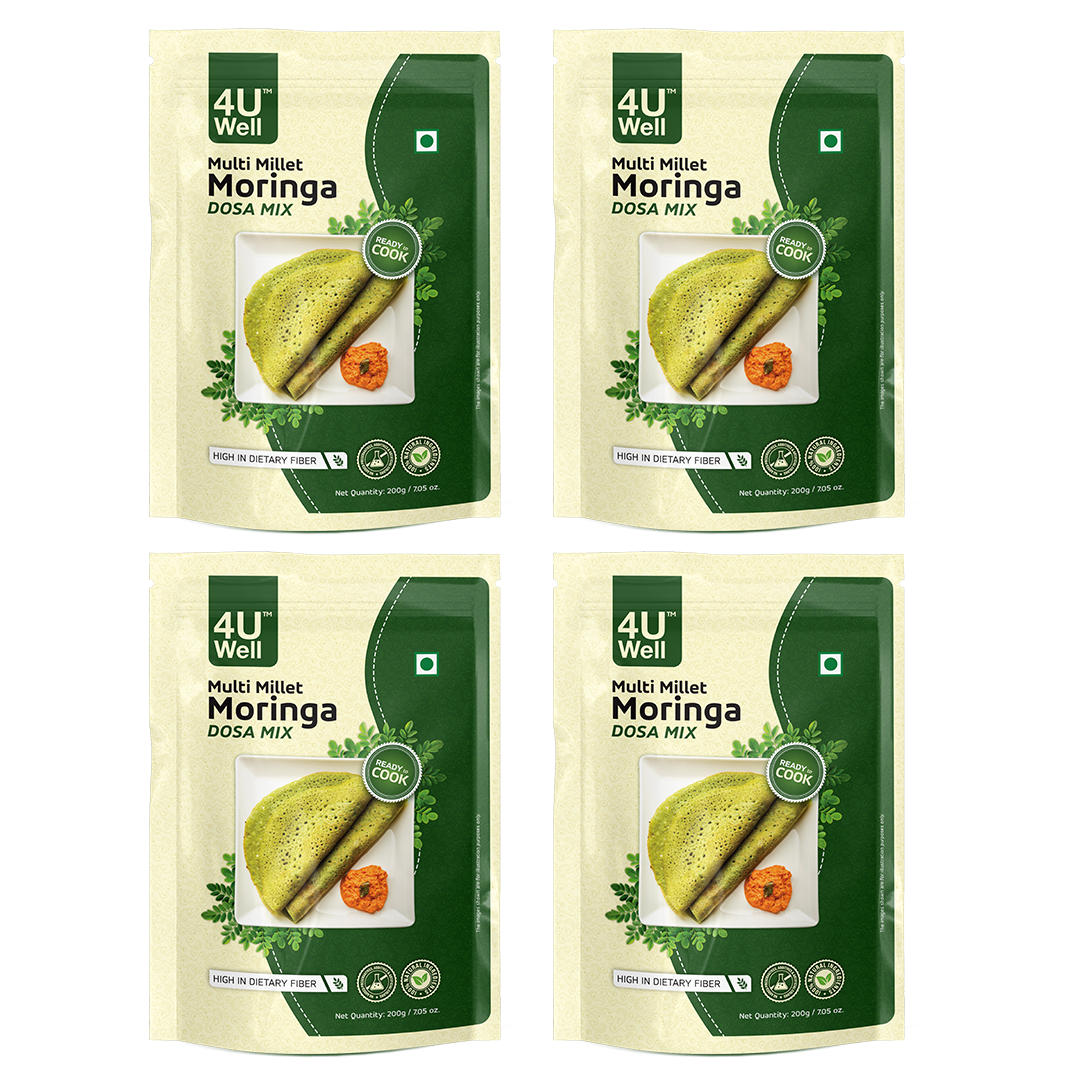 Four packages of 4U Well Multi Millet Moringa Dosa Mix on a white background