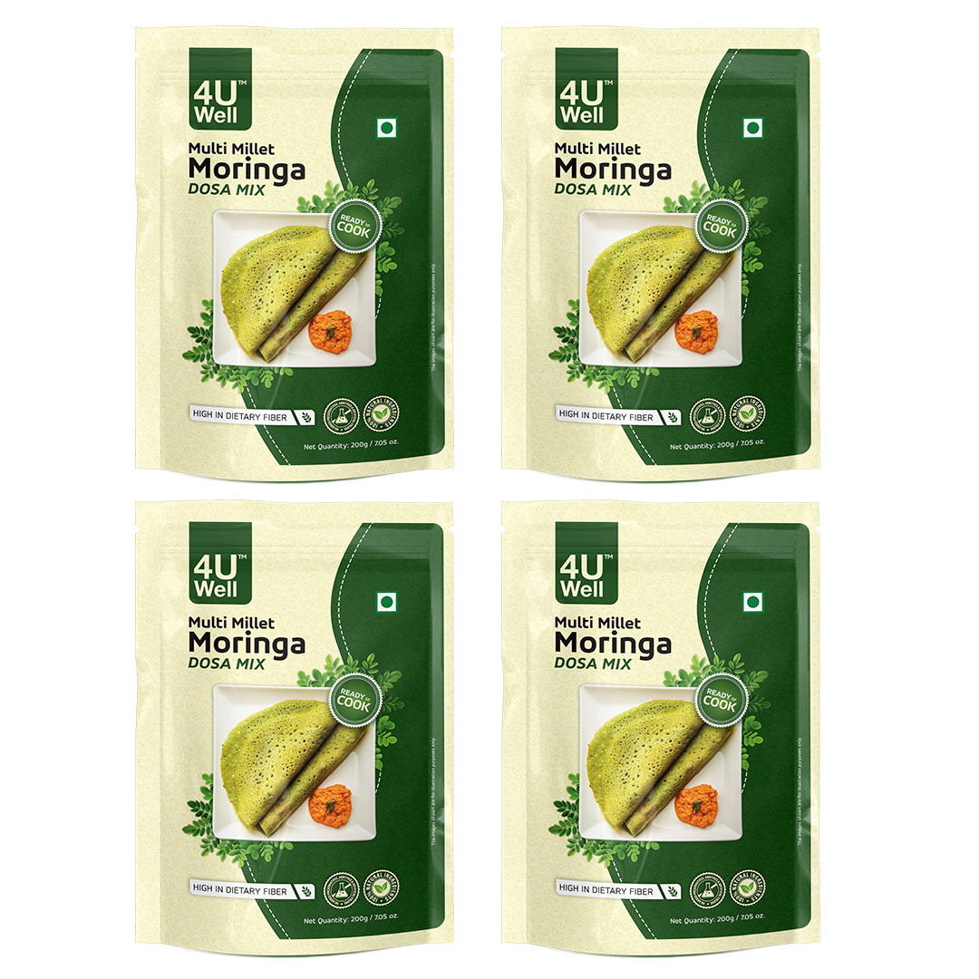 Four packages of 4U Well Multi Millet Moringa Dosa Mix on a white background