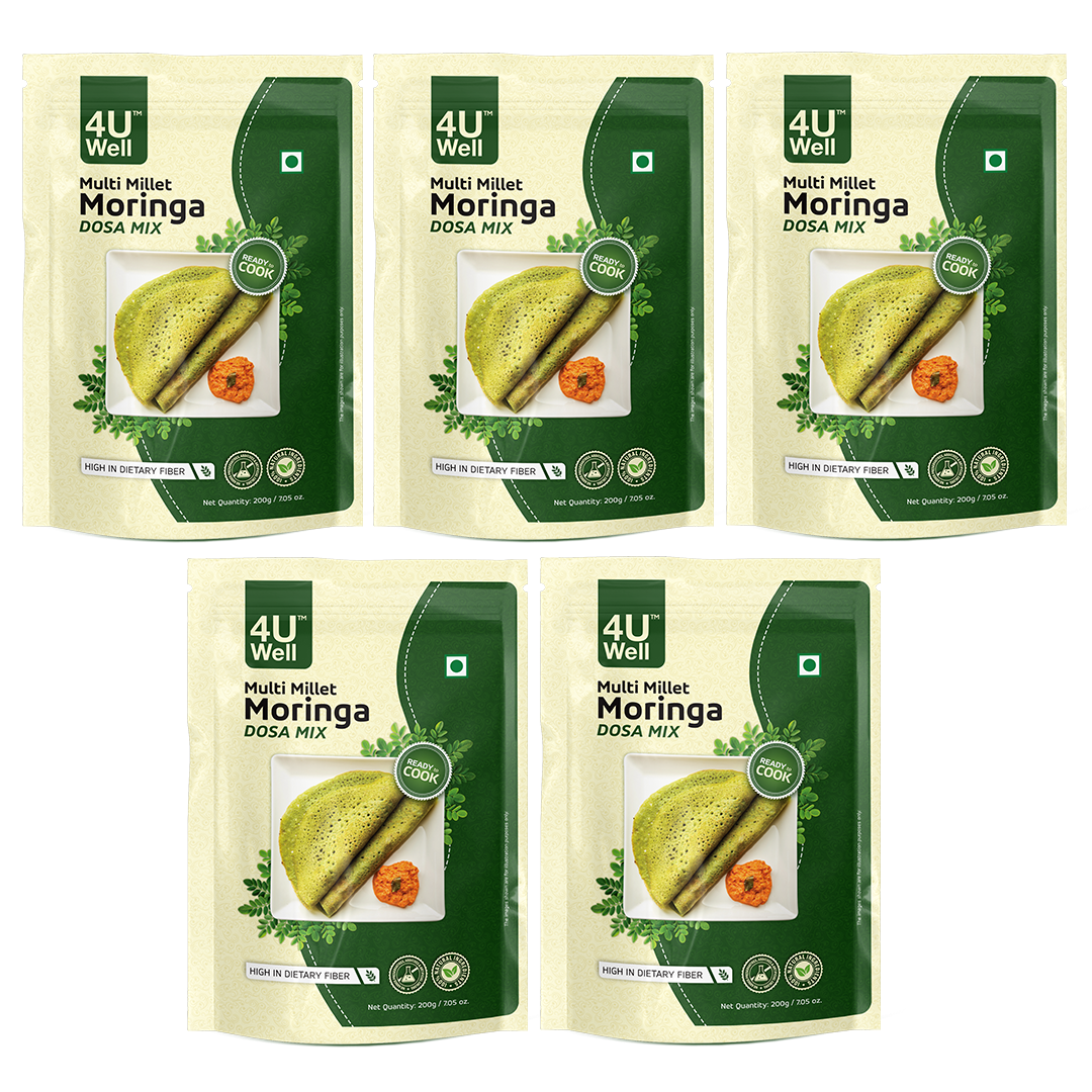 Five packages of 4U Well Multi Millet Moringa Dosa Mix on a white background