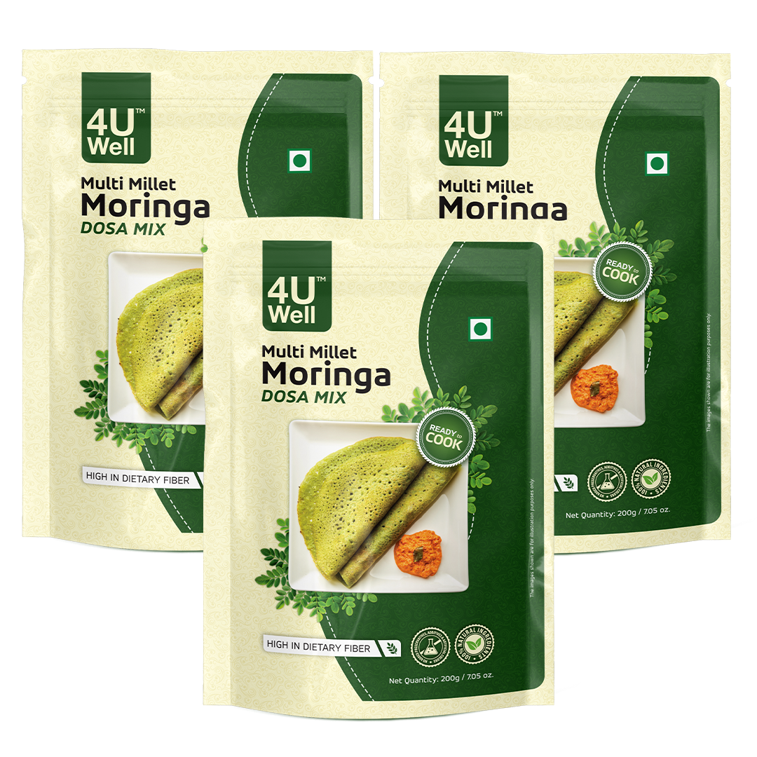 Three packages of 4U Well Multi Millet Moringa Dosa Mix on a white background